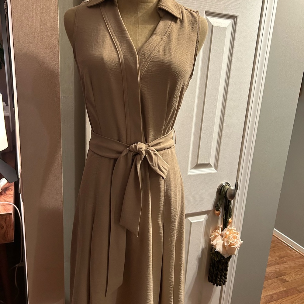 Dkny Tan Long Sleeve Buttoned Shirt Dress